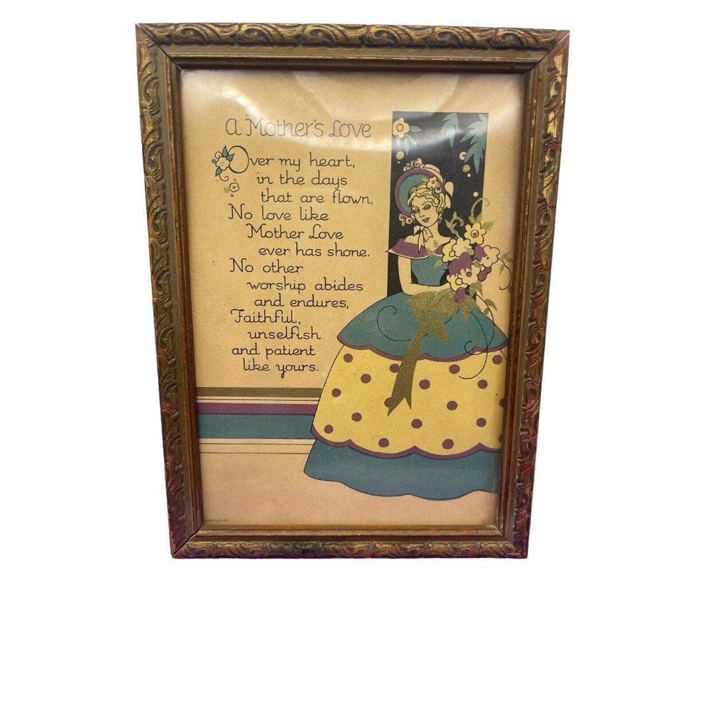 Vintage Framed Gift Mom Wood Ornate Golden Glass Picture “A Mother’s Love ” Poem